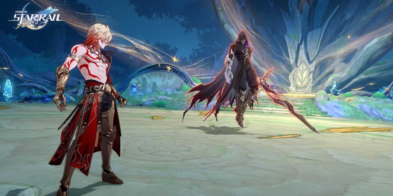 Honkai Star Rail's Mydei faces the Flameweaver in the Grove of Epiphany.