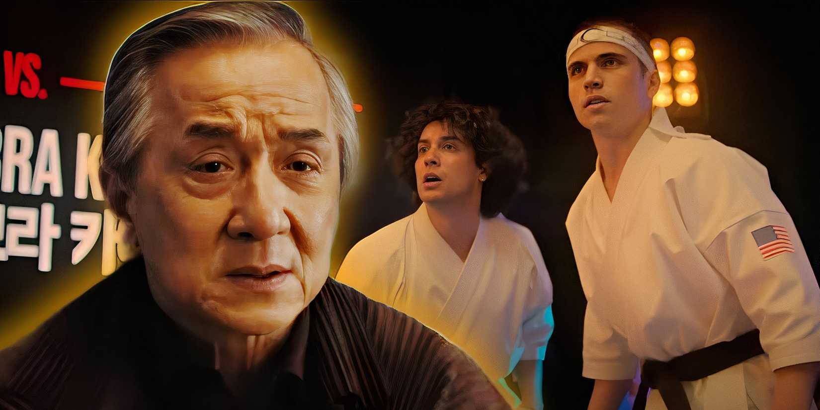 Jackie Chan as Mr. Miyagi, Xolo Maridueña as Miguel, and Tanner Buchanan as Robby 