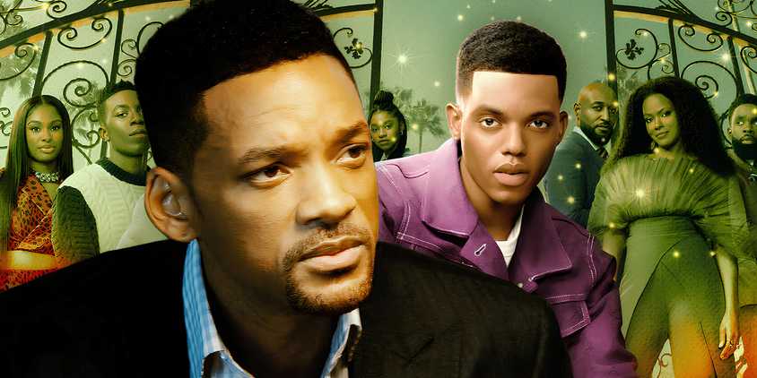 Will Smith looking serious in front of a poster for Bel-Air's series with Jabari Banks