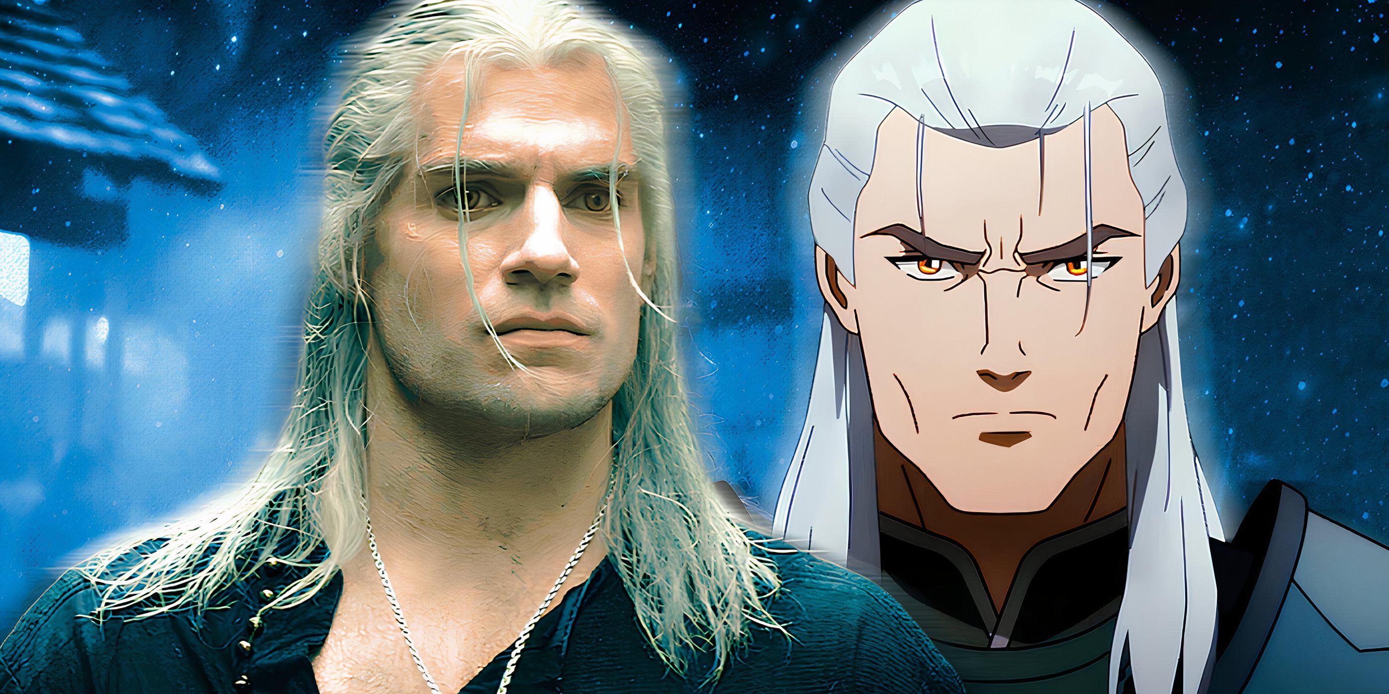 Henry Cavill as Geralt in The Witcher season 1 and Geralt in The Witcher Sirens of the Deep