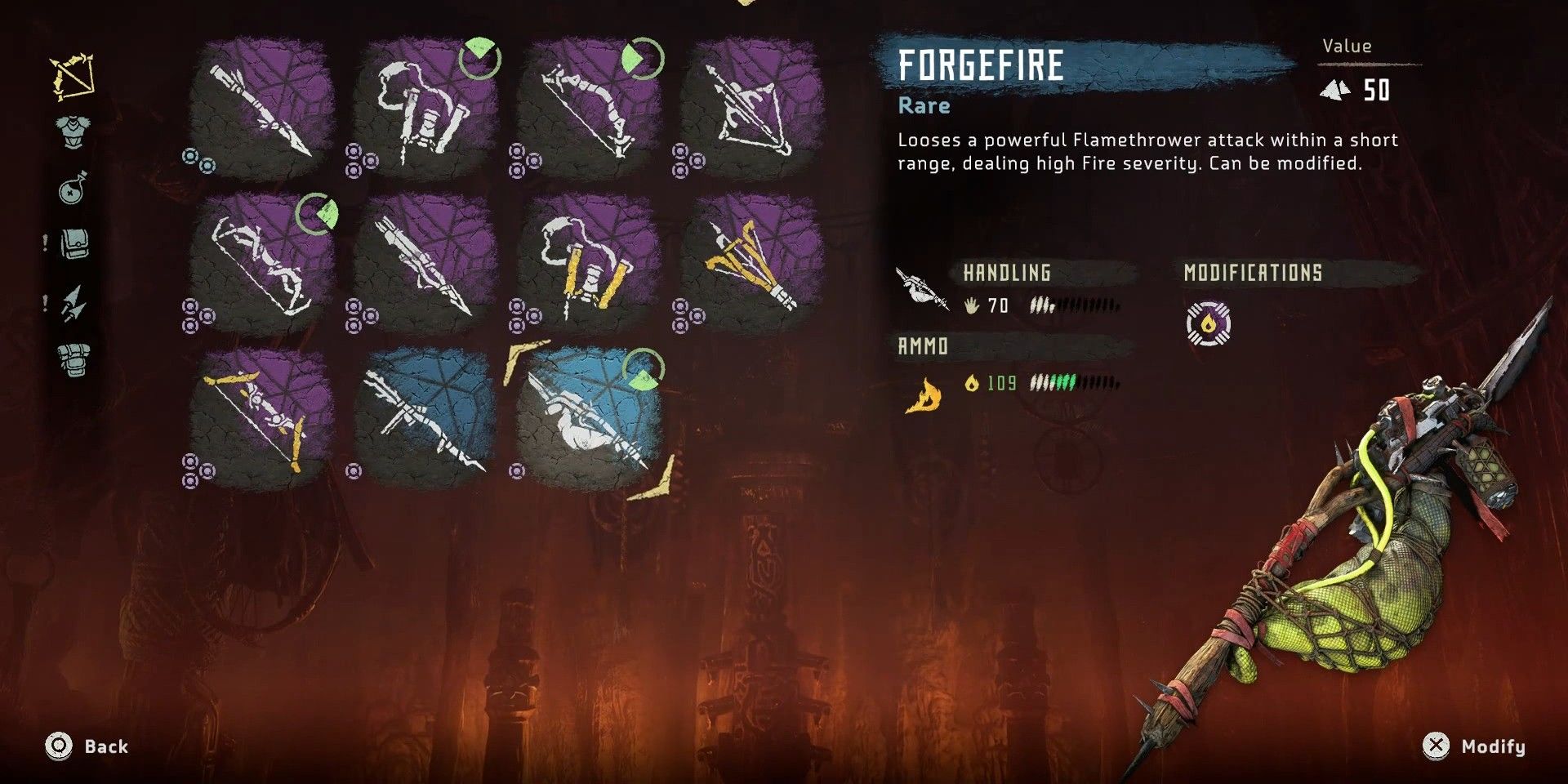 The menu details about the forgefire weapon in Horizon Zero Dawn