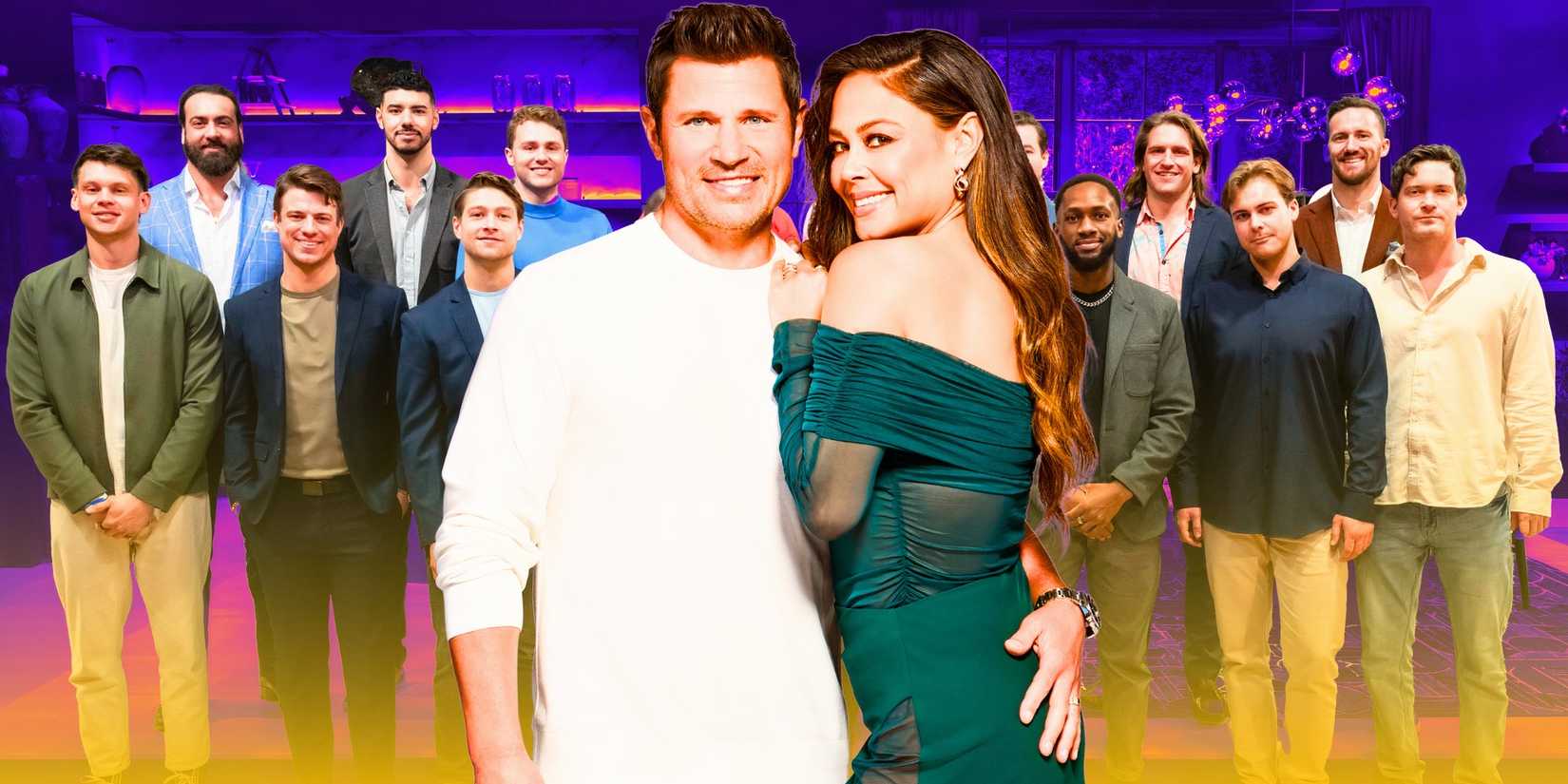 cast of love is blind season 8 with Nick and Vanessa Lachey infront