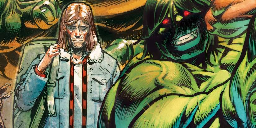 Bruce Banner walking behind the Hulk, who is smiling with glowing red eyes.