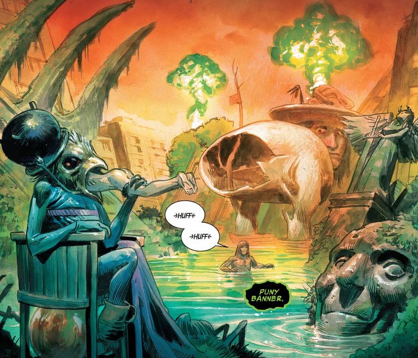 Bruce Banner walking through the Hulkscape, a bizarre hell Hulk made in their shared mind.
