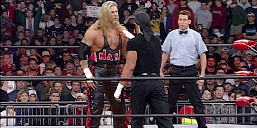 Hulk Hogan and Kevin Nash do the Fingerpoke of Doom for the World Heavyweight Championship on WCW Monday Nitro