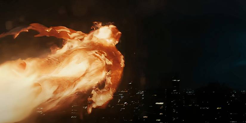 Human Torch flying towards a city in The Fantastic Four: First Steps (2025)