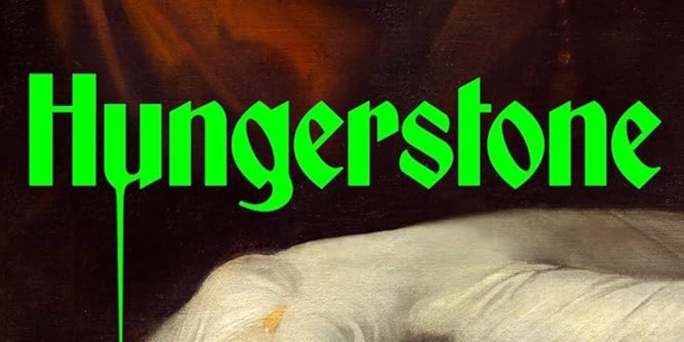 Hungerstone cover featuring the тιтle text in lime green and the body of a woman who's lying down