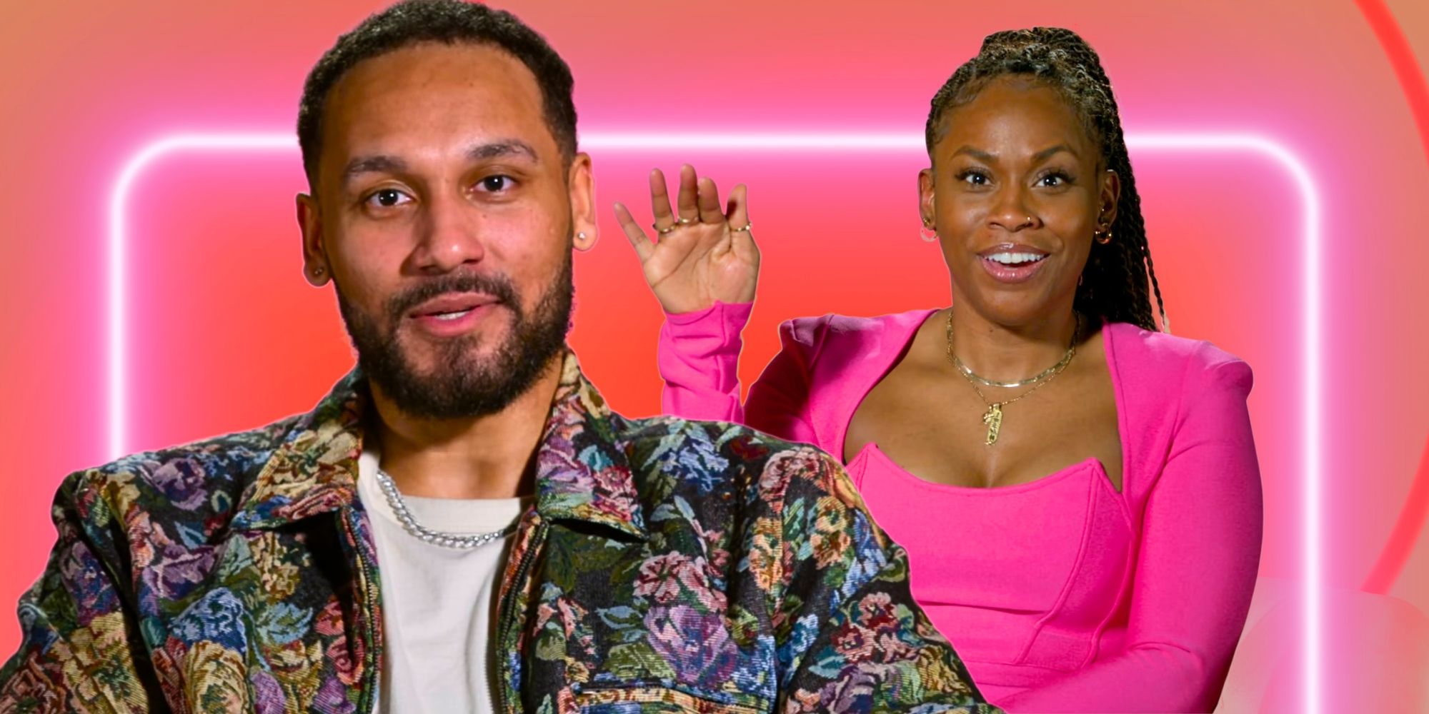 Love Is Blind Season 8’s Brittany Dodson smiles while raising her hand and Devin Buckley looks straight into the camera.