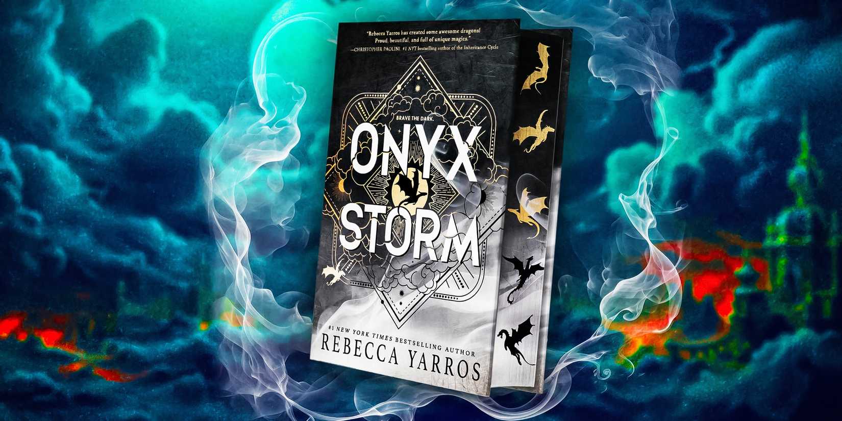 The cover of Onyx Storm on a background of blue clouds and smoke