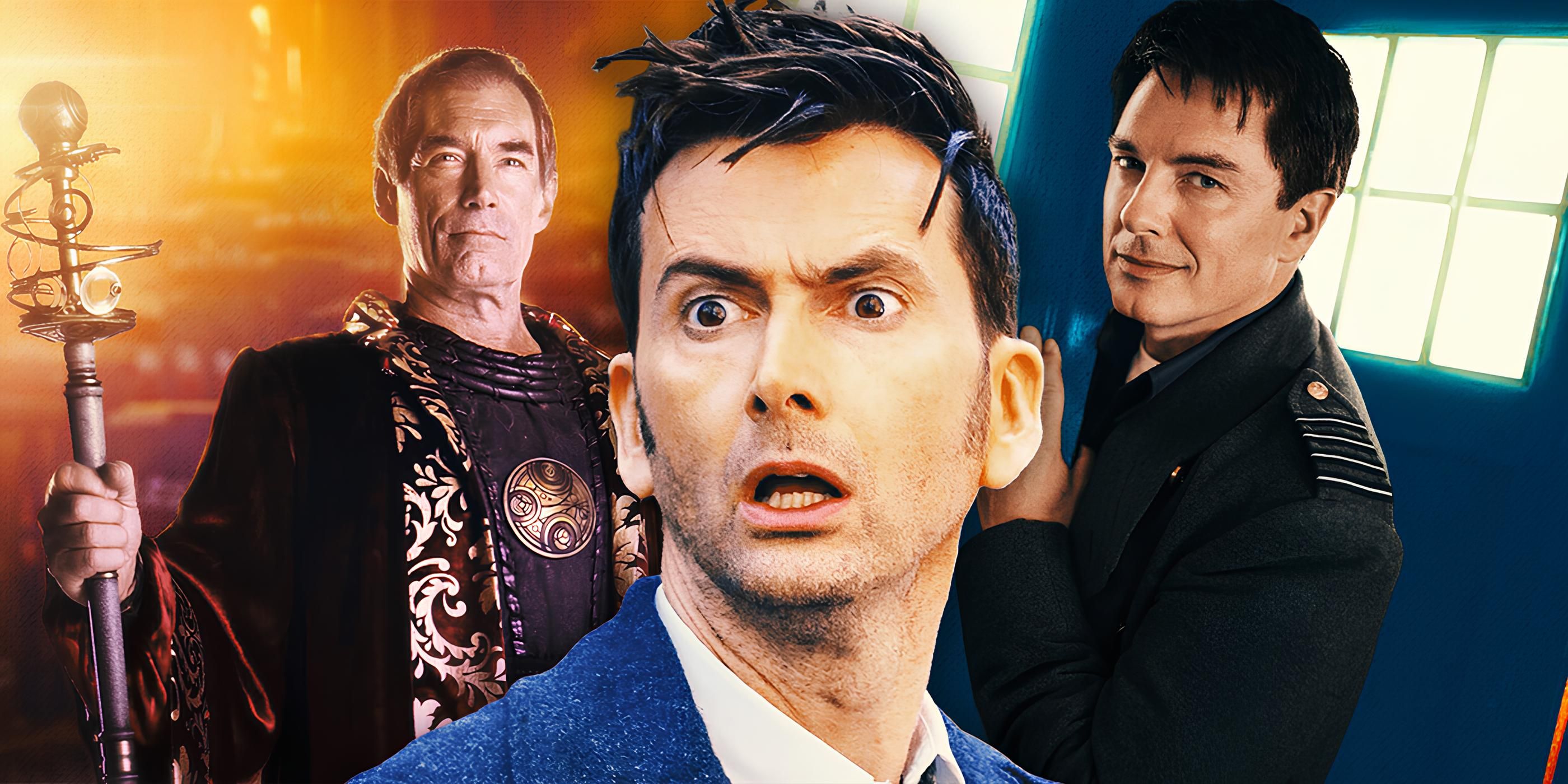 Custom Doctor Who image of Timothy Dalton as Rassilon, David Tennant as the Fourteenth Doctor, and John Barrowman as Jack Harkness