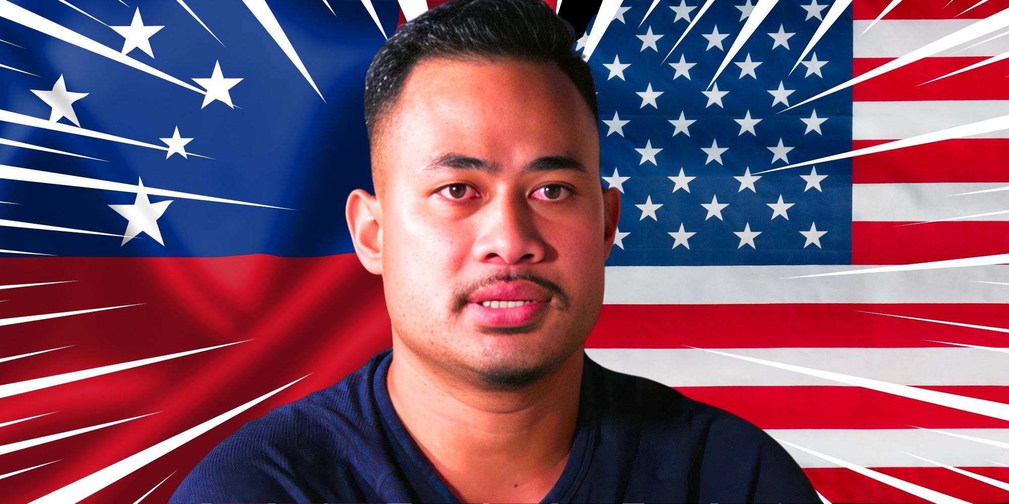 90 Day Fiancé's Asuelu Pula is serious in front of Samoa and U.S. flags.