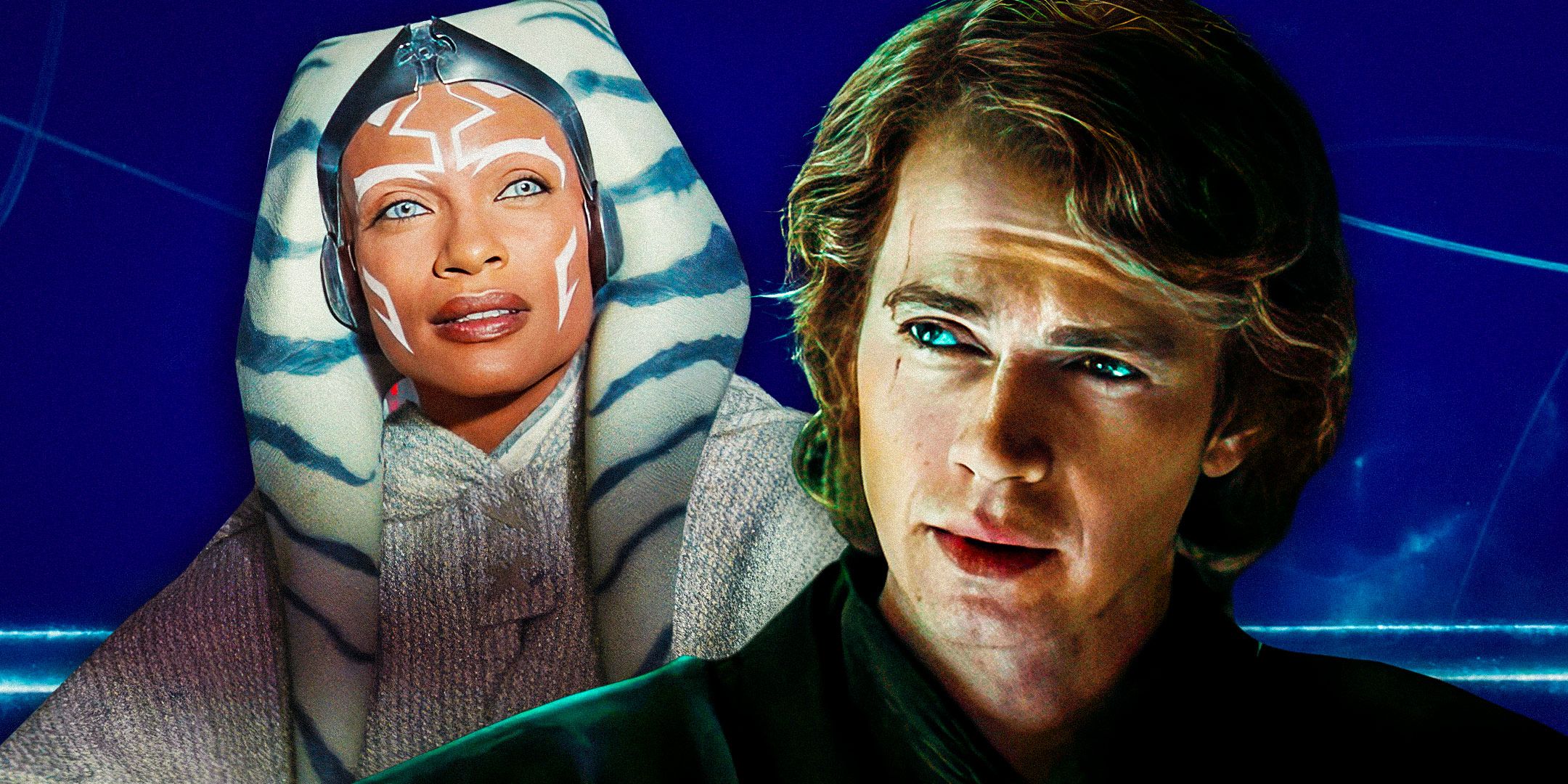Rosario Dawson as Ahsoka Tano to the left and Hayden Christensen as Anakin Skywalker to the right in front of a blue background