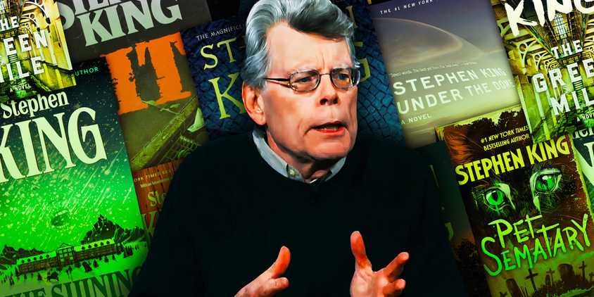 Stephen King on a background of his book covers