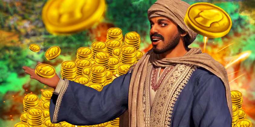 Ibn Battuta from Civilization 7 with gold coins
