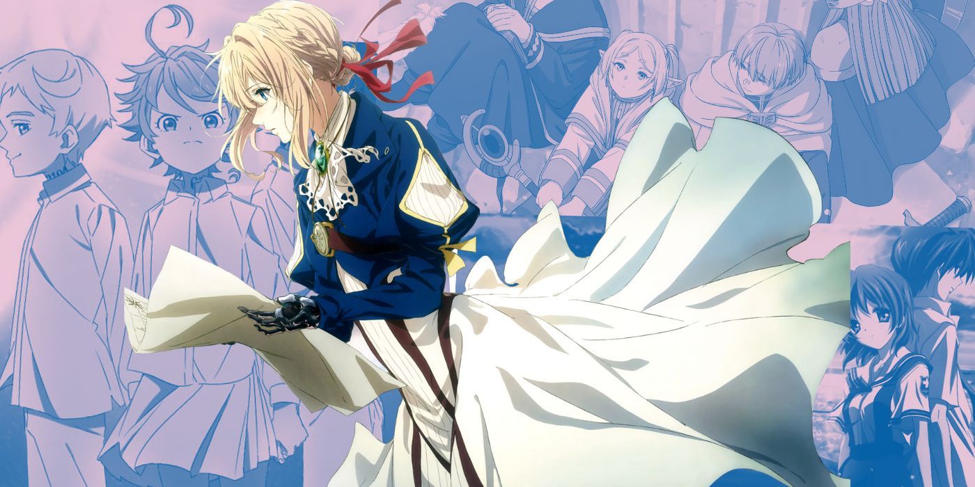 The Promised Neverland, Frieren: Beyond Journey&rsquo;s End, and Clannad posters behind Violet Evergarden