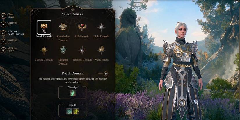 Baldur's Gate 3 Shadowheart picking the Death Domain subclass for a Cleric character build