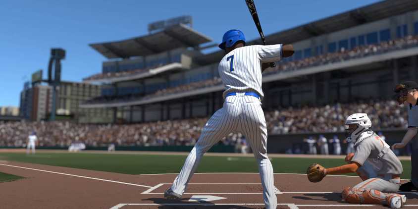 MLB The Show 25 player about to swing bat at incoming pitch