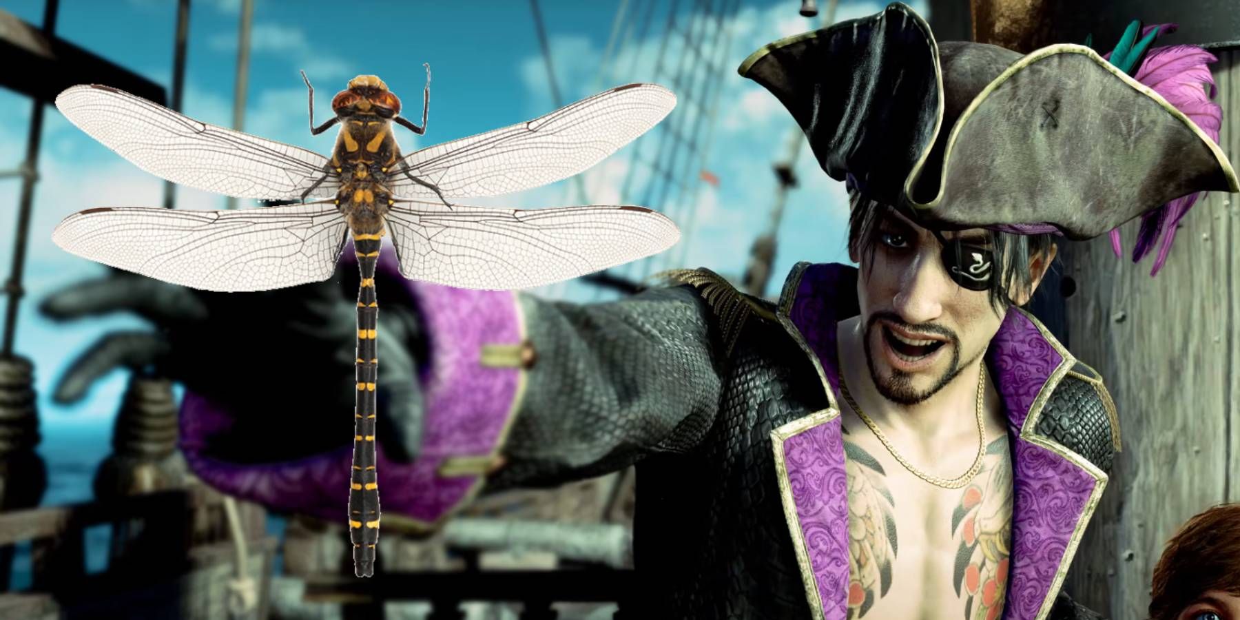 Like A Dragon: Pirate Yakuza in Hawaii Majima reaching out for a gold tailed Dragonfly