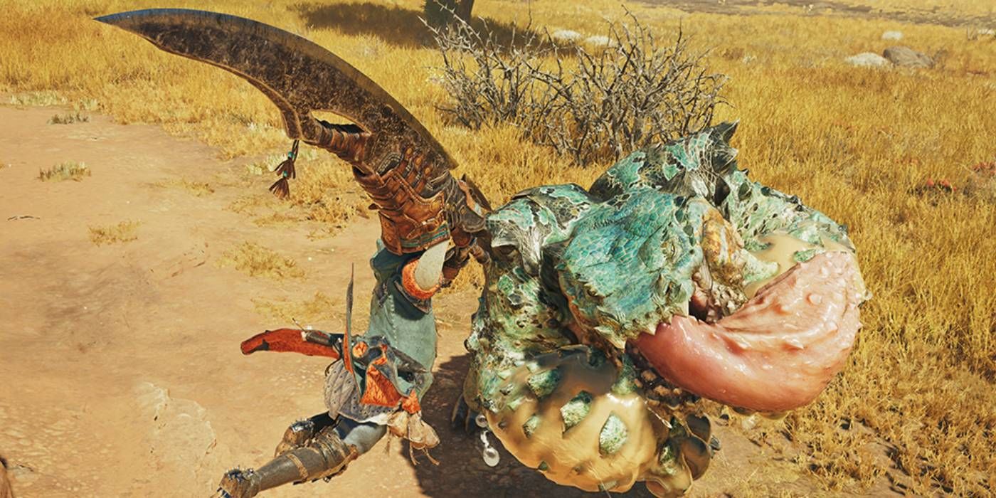 Monster Hunter Wilds Hunter using heel attack to try to set up a gun monster