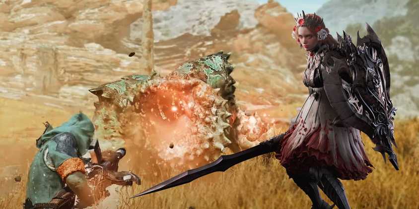 Monster Hunter Wilds hunter with a Charge Blade next to character using Focus Mode to target a monster's weaknesses