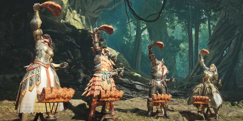 Monster Hunter Wilds four players cooking meat in preparation for their next hunt