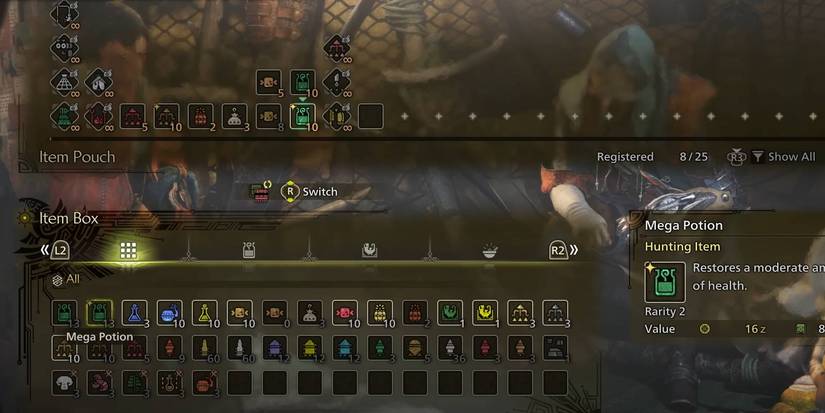 Monster Hunter Wilds hunter organizing their inventory from their item box