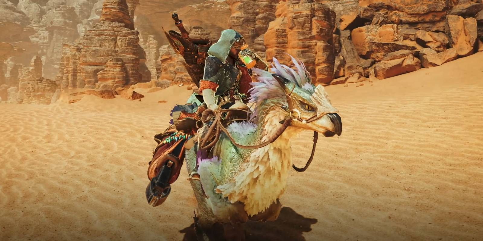 Monster Hunter Wilds Hunter restaura la salud con una poción en la parte superior