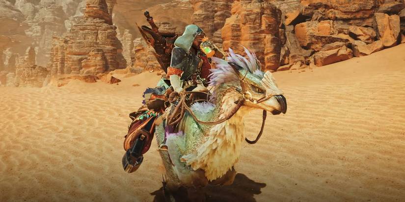 Monster Hunter Wilds hunter recovering health with a Potion on top of their Seikret mount