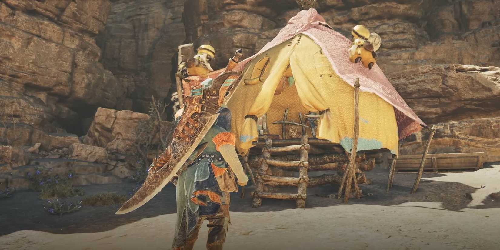 Monster Hunter Wilds hunter creating a Pop-Up camp for a quick resupply