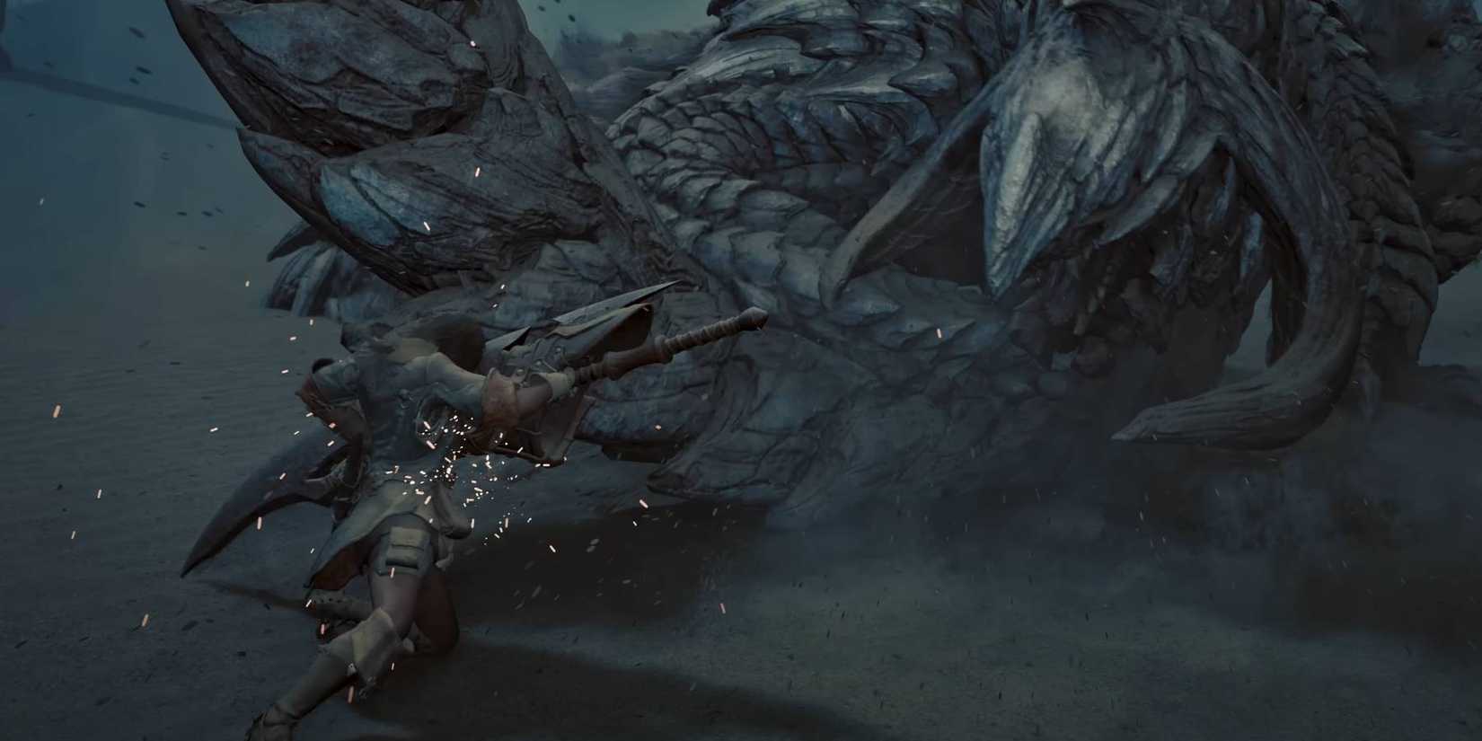 Monster Hunter Wilds Guardian Arkveld monster clashing with hunter using a Greatsword