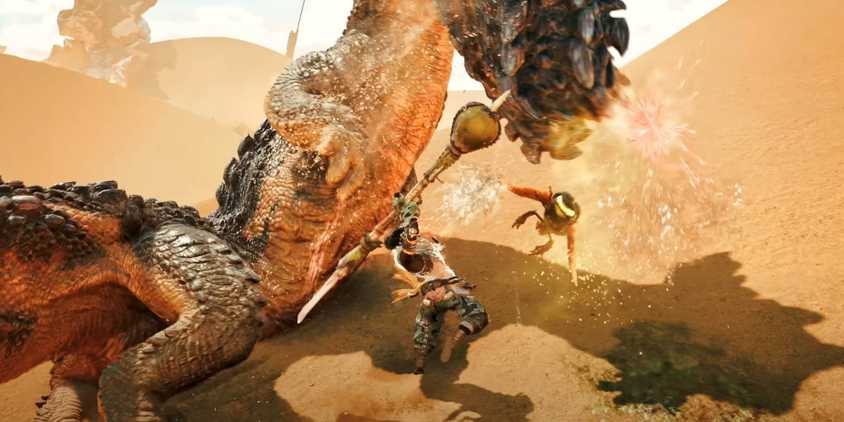 Monster Hunter Wilds hunter using spinning slash attack with Insect Glaive and Kinsect against a monster
