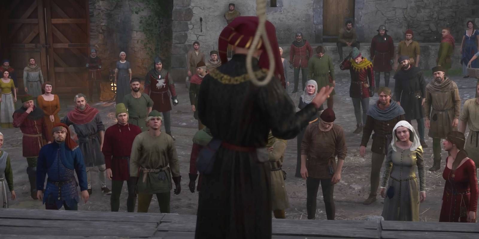 Kingdom Come: Deliverance 2 Henry talking to large crowd of people at the gallows