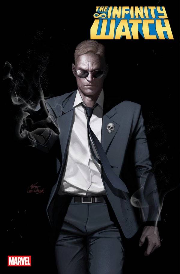 Infinity Watch #4 cover with Phil Coulson in a black suit as death with a shadow hand
