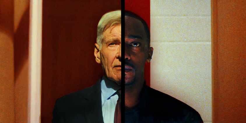 Image of a split screen, Harrison Ford's Thaddeus Ross staring out the window on the left, Anthony Mackie's Sam Wilson looking off in the distance on the right in Captain America Brave New World (2025)