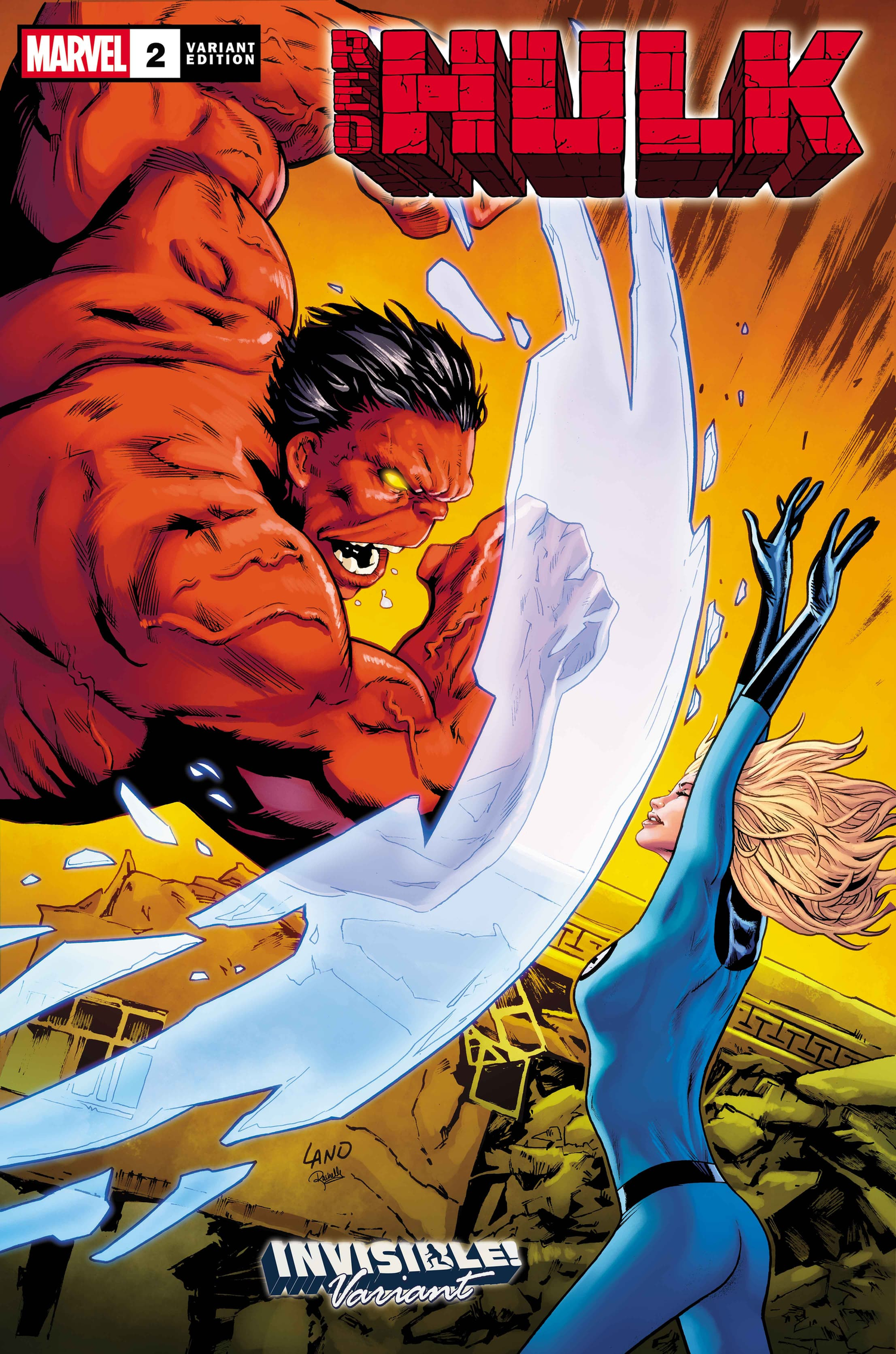Fantastic Four's Invisible Woman puts up a shield in front of Red Hulk on Red Hulk #2 variant cover. 