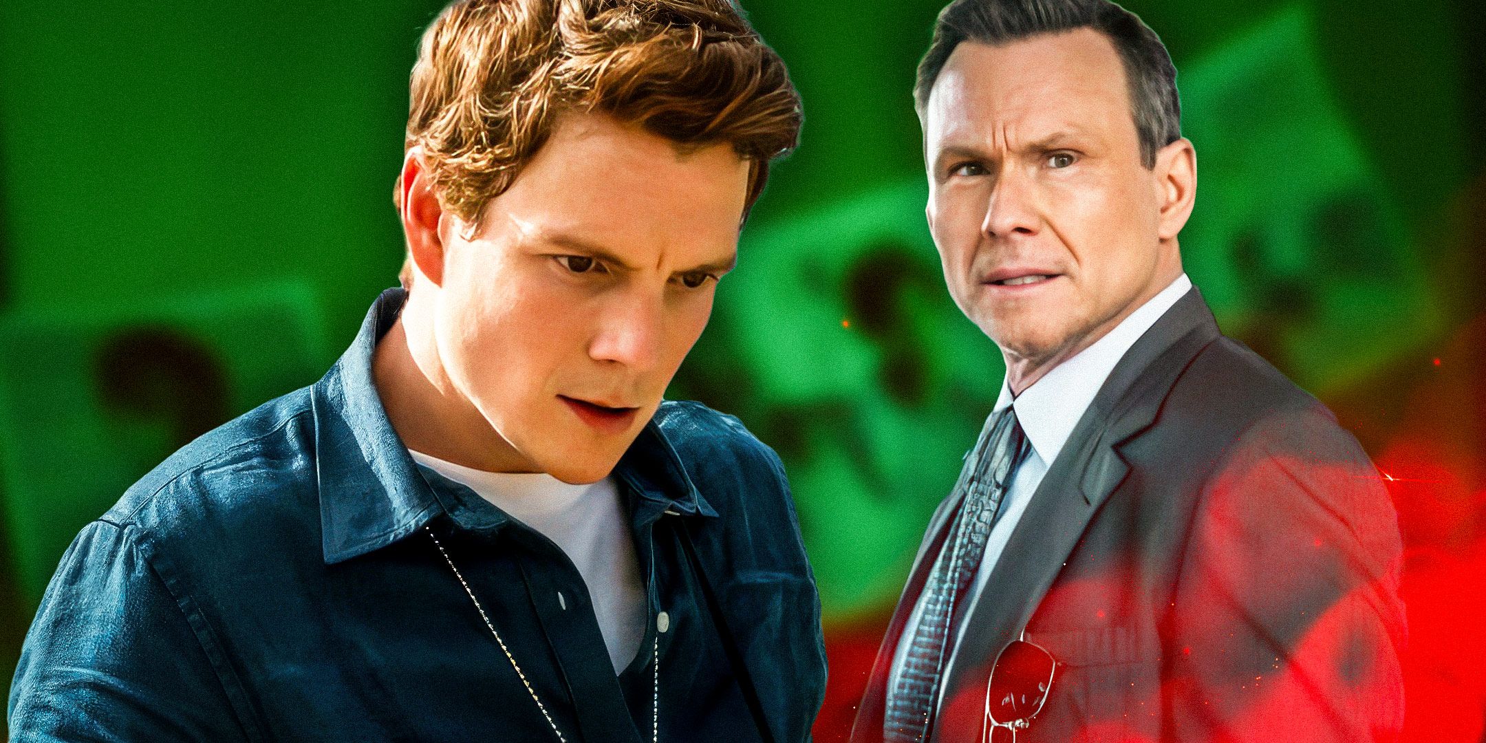 Dexter Morgan (Patrick Gibson) e Harry Morgan (Christian Slater) contra um fundo verde com sangue vazando na frente deles em Dexter: Original Sin