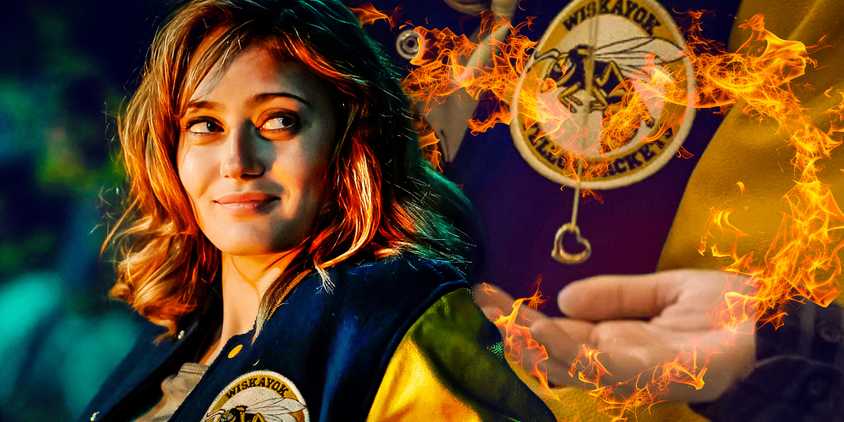 Custom image of Jackie (Ella Purnell), her heart necklace, and flames in Yellowjackets