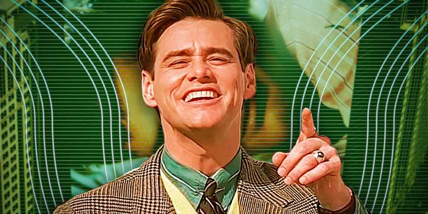 Truman Burbank (Jim Carrey) smiling in The Truman Show in front of a green background