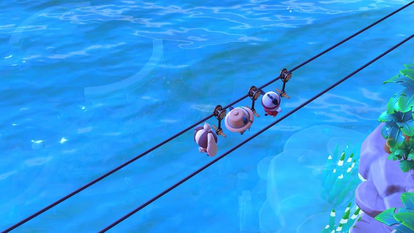 Player, Chococat, and Pochaco ziplining in Hello Kitty Island Adventure