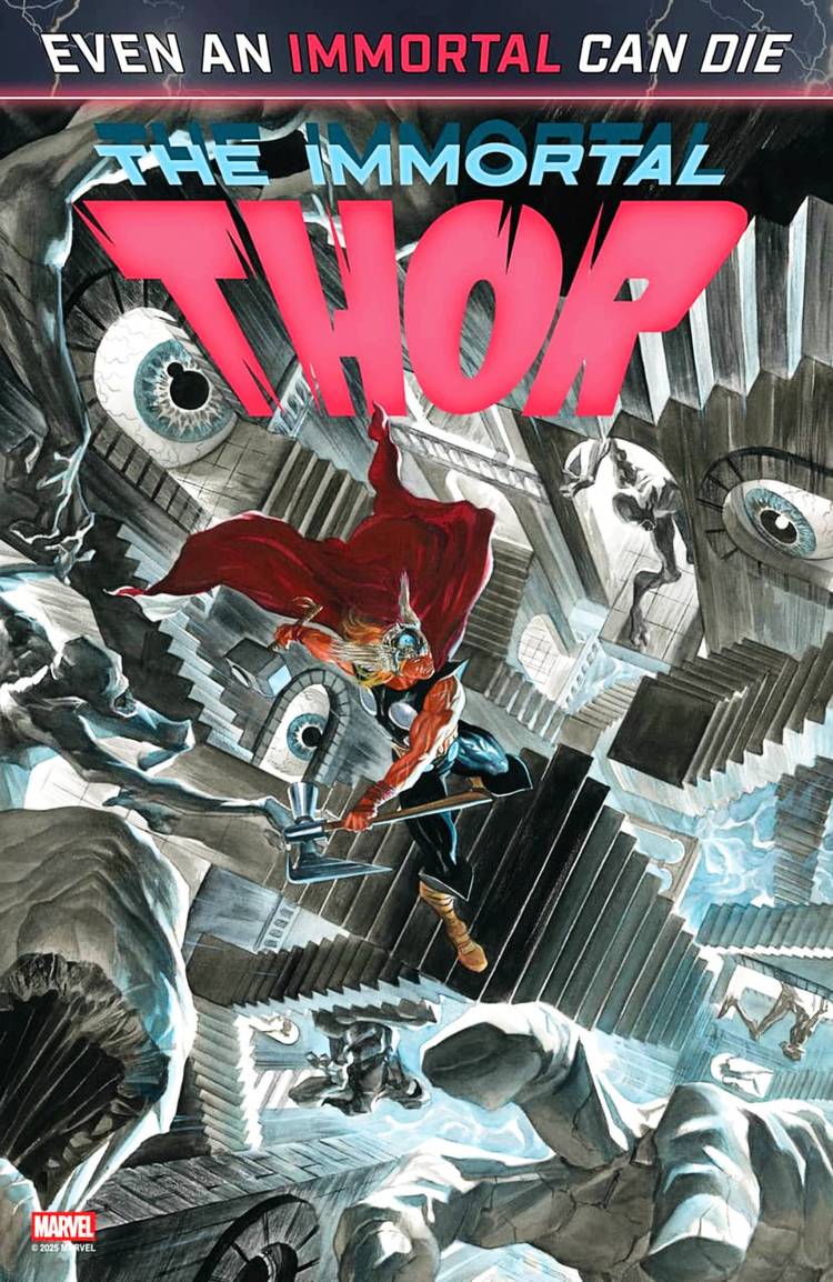 Immortal Thor #23 cover, Thor fighting his way through an endless maze of staircases and eyeballs