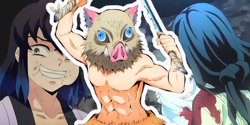 Inosuke is smiling, and his mom is holding him as a baby in the background, and Inosuke is wielding his swords.