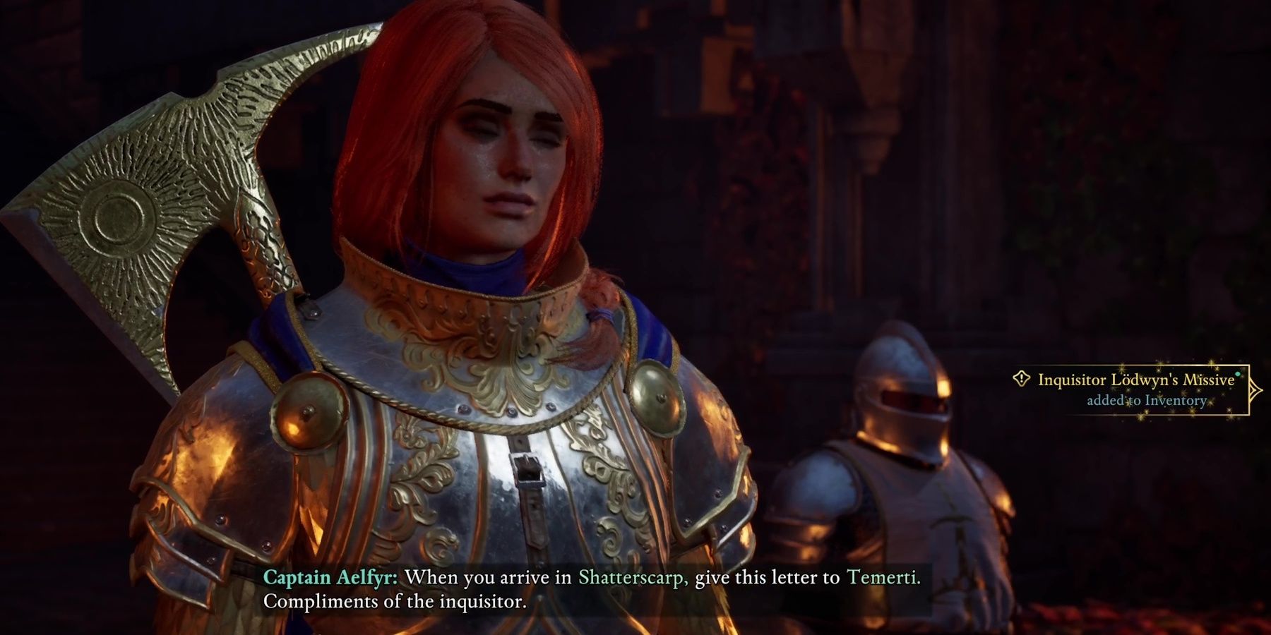 Obtendo a Missiva Inquisitora Lodwyn em Declarado do Capitão Aelfyr