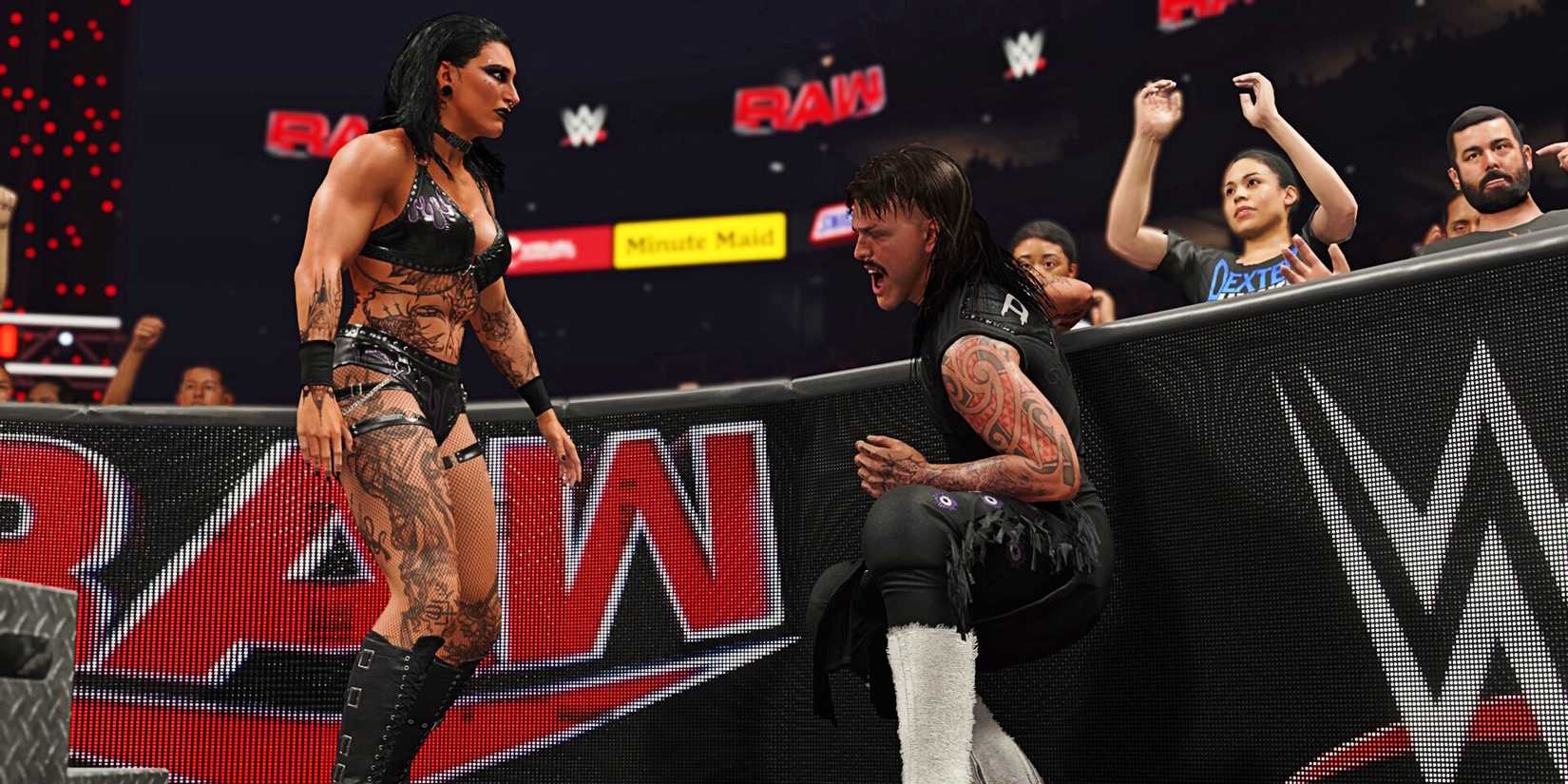 Intergender wrestling in action in wwe 2k25, man hurt by female.