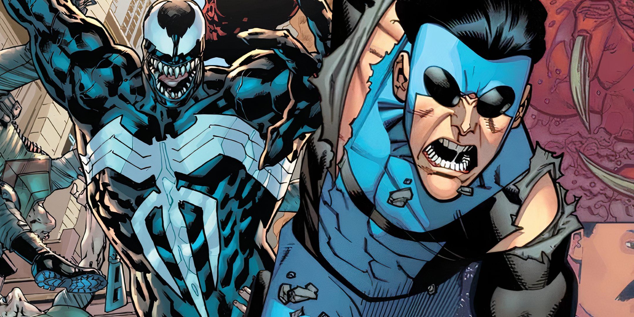 Invincible Blue and Black Costume Next to Venom Marvel