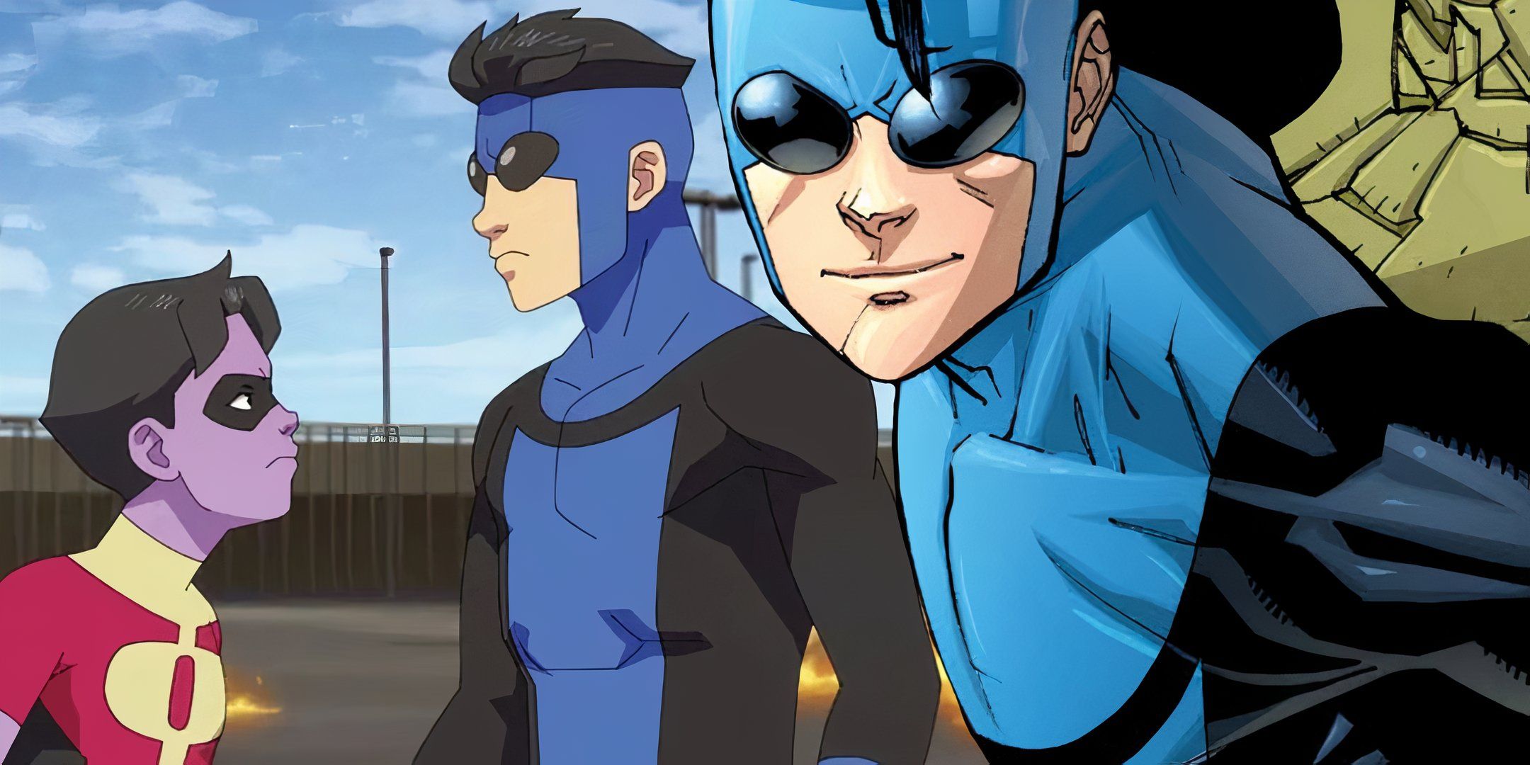 Invincible Blue and Black Costume Over Mark and Oliver