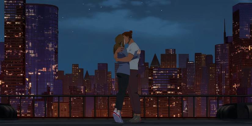 Rex Splode and Shrinking Rae kissing in front of the city backdrop in Invincible season 3