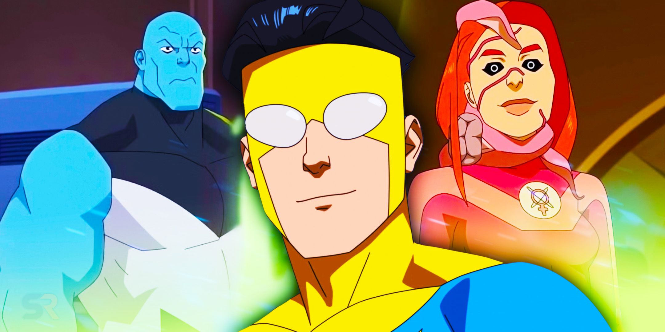 Mark Grayson smiling next to one of the Mauler Twins and Atom Eve being controlled by a Sequid in Invincible