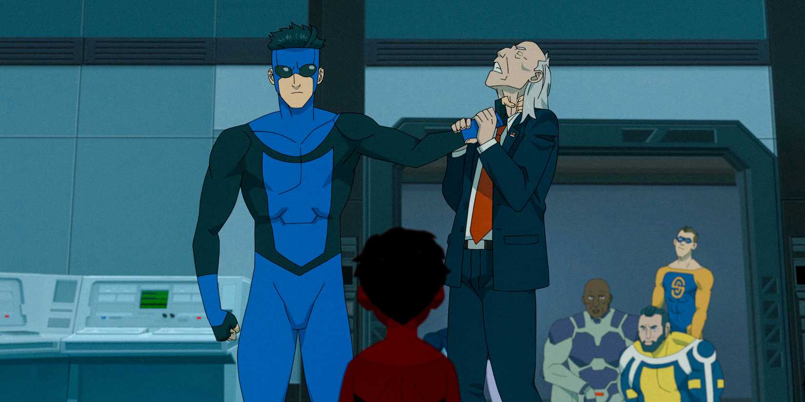 Invincible/Mark strangling Cecil in front of Oliver in Invincible Season 3 Ep 3