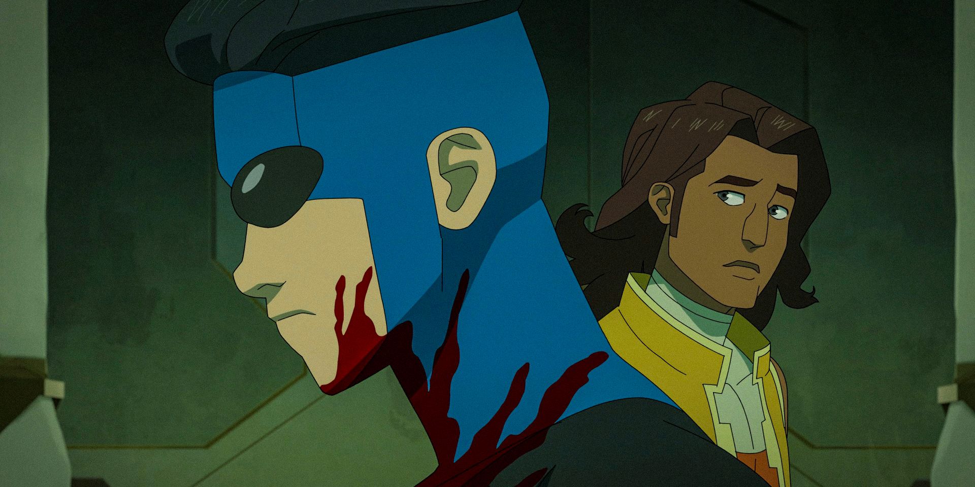 Mark covered in blood walking past Fightmaster in Invincible season 3