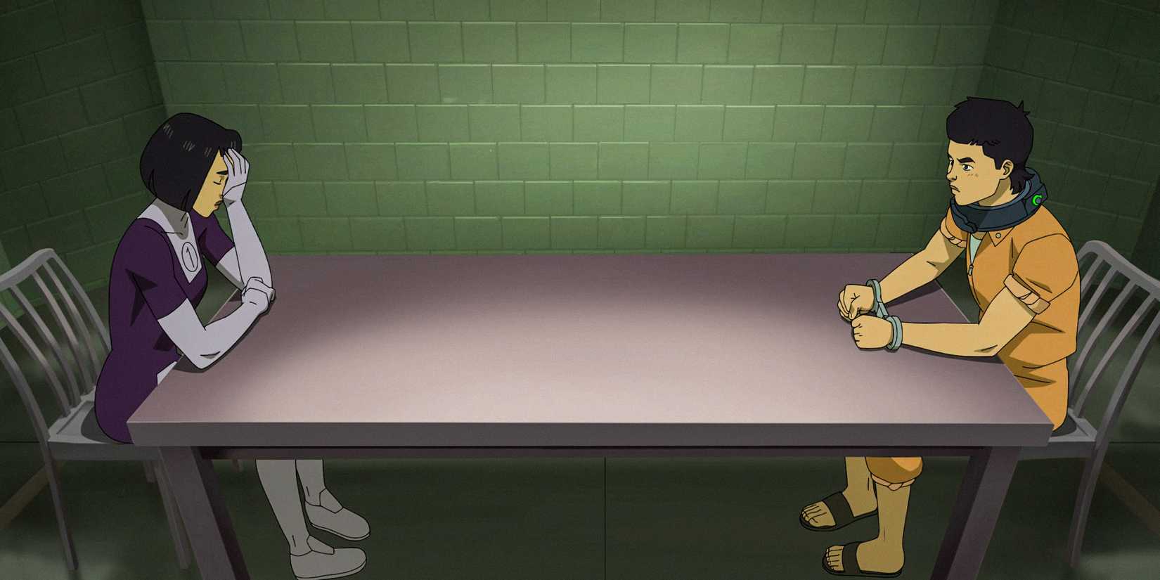 Dupli-Kate and Multi-Paul having a frustrating conversation in a prison visitation room in Invincible season 3